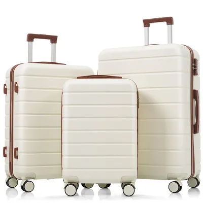 Three suitcases of varying sizes are displayed against a white background.