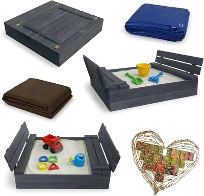 Imagen del producto de Caja de arena de madera maciza de alta calidad, 100 x 100 cm. Tratada con impregnante, con bancos integrados y tapa. Color gris antracita. Incluye forro para caja de arena y cubierta protectora. Caja de arena gris antracita