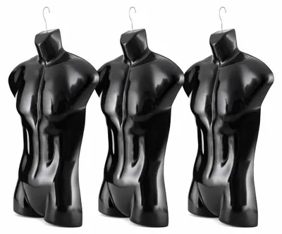 Produktbild von 3er SetTorso männlich - 77 cm Herrentorso aus Kunststoff - Oberkörper Halbplastik in Farbe Schwarz - Mannequin Büste - Halbschale Herrenbody - Schaufensterpuppe mit Haken - 3 Stück Dekotorso