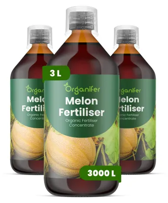 Obrázok produktu pre Melón – Tekuté hnojivo 3x1 L – NPK 2-1-8 – Pre melóny – Podporuje sladké, aromatické plody a silný rast listov – Organifer