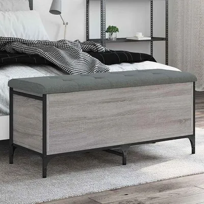 Imagen del producto de Banco con espacio de almacenamiento, color gris Sonoma, dimensiones 102x42x45 cm. Fabricado en material de madera, con estructura de metal, cojín de asiento acolchado. Ideal para recibidor, zapatero, caja de almacenamiento para pasillos o salones