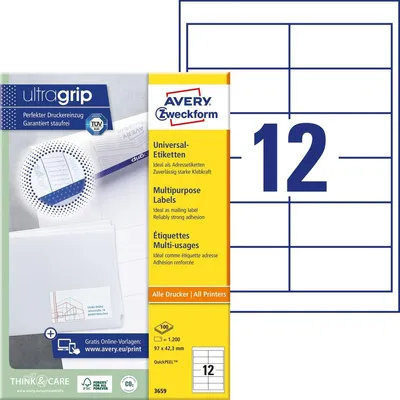 Produktbild von Universal-Etiketten ultragrip 97x42,3 mm VE=5x1.200 Etiketten / 100 Bogen weiß