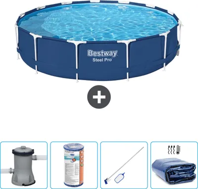 Produktbild von Bestway Round Steel Pro Swimmingpool – 396 x 84 cm – Blau – inklusive Pumpe Filter - Reinigungskit - Sonnensegel