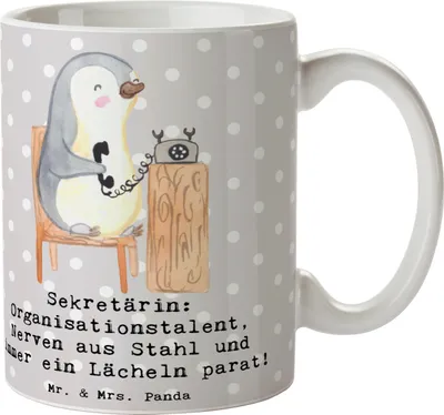 Produktbild von Mr. & Mrs. Panda Teetasse Sekretärin Heldin - Grau Pastell - Geschenk, Sekretärinnen wertschätzen, Beruf, Termine, schöne tasse, Organisationstalent, Dokumentenmanagement