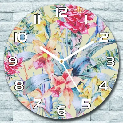 Produktbild von Wanduhr aus Glas Rund fi 30 Tropische Blumen Quarz Deko Schlafzimmer Büro