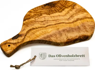 Produktbild von Servierbrett aus Olivenholz im Naturschnitt mit Griff 25 cm