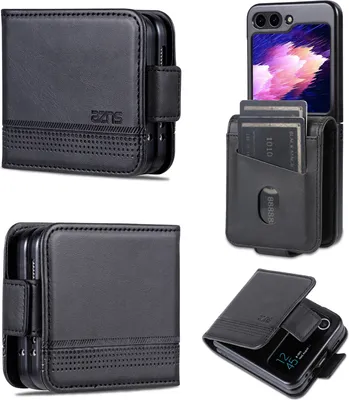 Image de Etui en cuir pour Samsung Galaxy Z Flip6 / Z Flip7 FE, étui portefeuille pliable avec fermeture magnétique et support noir
