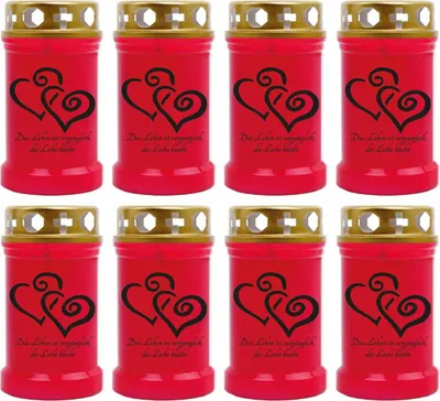 Produktbild von Grabkerze Rot 8er Pack, Brenndauer: 40 Stunden ( je Kerze ), Motiv: Herz