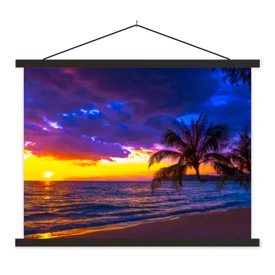 Produktbild von MuchoWow® Textilposter Palme - Lila - Sonnenuntergang - Strand - Meer 150x113 cm mit schwarzem Rahmen - Wohnzimmer