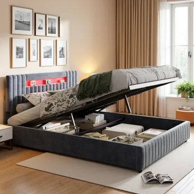 Image de Fortuna Lai Lit rembourré hydraulique 140x200 cm, LED & sommier, lit de rangement, velours, gris