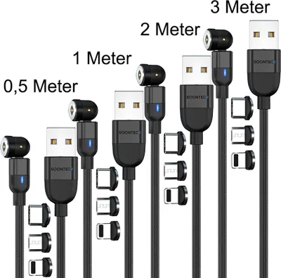 Produktbild von Magnet Ladekabel 4er Set (0,5 Meter+1 Meter+2 Meter+3 Meter) SOONTEC Magnetladekabel drehbar 360°&180° mit je 3 Stecker Micro USB/ USB-C/ Lightning 2,4 A Ladekabel (Schwarz)