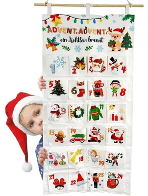 Immagine prodotto di Calendario dell'Avvento in tessuto, da riempire, con 24 tasche, riutilizzabile, dimensioni 102x51 cm