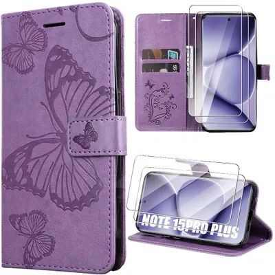 Image de Coque + 2 Verres Trempés pour Xiaomi Redmi Note 15 Pro Plus 5G, Synthécuir Motif Papillon - Violet