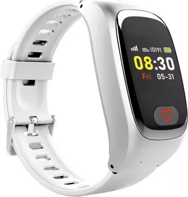 A white smartwatch with a black screen displaying the time and date.