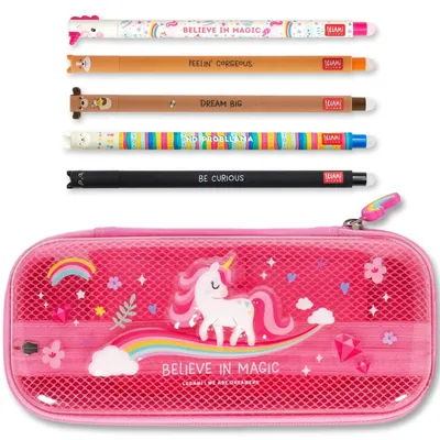 Produktbild von LEGAMI WonderWow Federmäppchen & radierbarer Stift | Set mit 5 niedlichen Tierstiften mit thermosensitiver Tinte + Federmäppchen mit 2 Fächern (Einhorn)