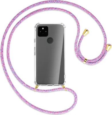 Produktbild von Handykette Backcover-Schutzhülle mit Band (Metall goldfarben) für Google Pixel 5a 5G  - lila/rosa/blau