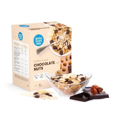 Produktbild von Protein-Schokomüsli mit Nüssen (7 Portionen) mit niedrigem Zuckergehalt, hohem Protein- und Ballaststoffgehalt
