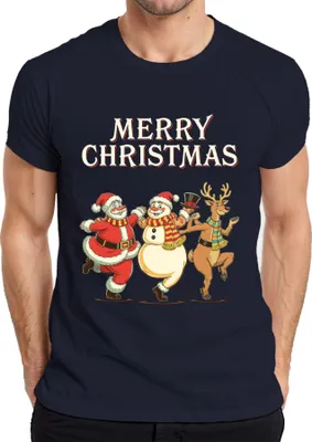 Produktbild von MERRY CHRISTMAS Weihnachtsmann Schneemann Rentier tanzend Vintage Herren T-Shirt, Navy, M