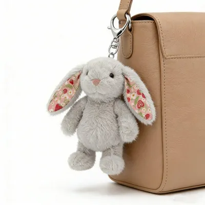 Immagine prodotto di Portachiavi di peluche a forma di coniglio, 12 cm – Ciondolo per borsa con orecchie a forma di fiore, grigio