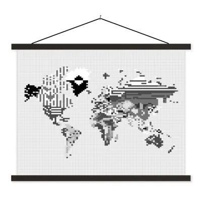Produktbild von MuchoWow® Textilposter Weltkarte - Pixel - Schwarz und weiß 120x90 cm mit schwarzem Rahmen - Aufhänger für Poster