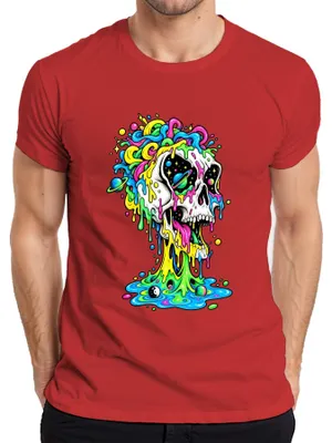 Produktbild von Psychedelischer Totenkopf Bunt Schmelzend Space Galaxie Skull Herren T-Shirt, Rot, L