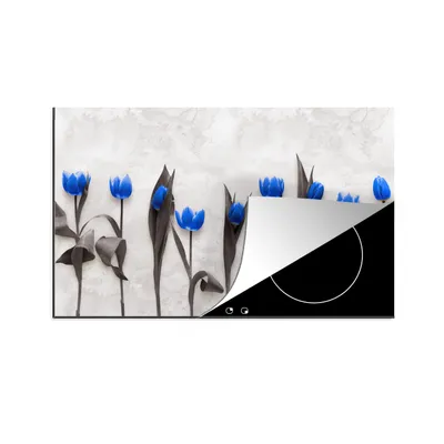 Produktbild von KitchenYeah© Herdabdeckplatte Blumen - Tulpen - Blau , 90x52cm, Küche Deko, Glaskeramikkochfeld Herdabdeckung, Abdeckplatte fùr Kochfeld