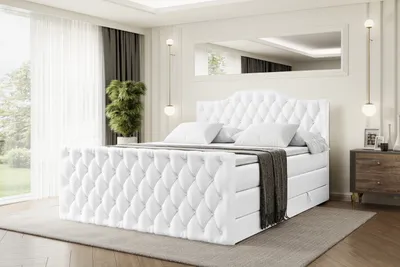 Produktbild von ALTDECOR Boxspringbett mit Fußteil, 2 Matratzen und Topper - 140x200 cm - VILA-1-Z KING - Weiß Kunstleder - Polsterbett mit, H3- und H4- Matratzen, Bettkasten und Lattenrost, Bett mit Stauraum