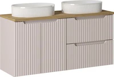Zdjęcie produktu dla Szafka Łazienkowa 120 Cm Kaszmir Dąb Blat Umywalki Białe Ryflowana