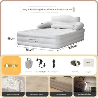Zdjęcie produktu dla Materac dmuchany dla 2 osoby - materac kempingowy - z wbudowaną pompą - samopompujący - wyjątkowo wysoki, 48 cm - wymiary 203x152 cm - do użytku wewnątrz i na zewnątrz - jasnoszary