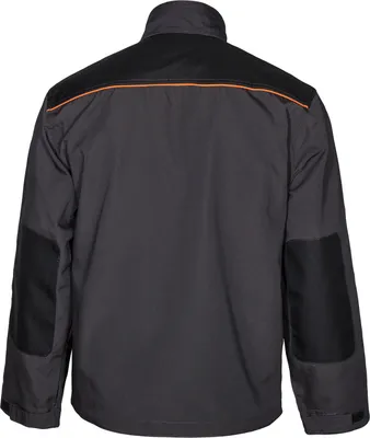 Back view of a gray jacket with black accents.