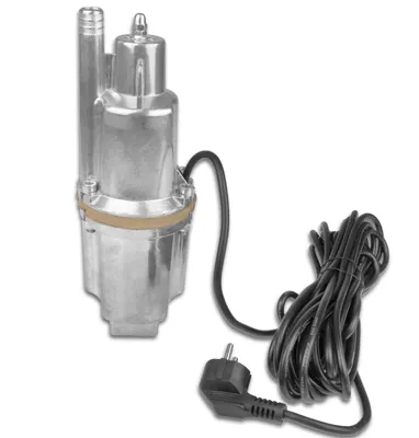 A silver submersible pump with a black power cord and plug, isolated on a white background.