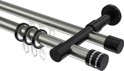 Produktbild von Interdeco Rundrohr-Innenlaufstange / Gardinenstange (Kombination) Edelstahl-Optik / Schwarz, Typ Prestige Estana (Glitzerkappe), 20 mm Ø 2-läufig, 180 cm