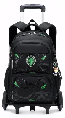 Produktbild von Kinderrucksack mit Rollen, abnehmbarer Trolley Schulranzen, 6 Räder, Schwarz-Grün