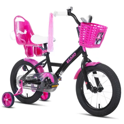 Produktbild von Joystar 14 Zoll Mädchenfahrrad mit Puppensitz und Korb, Kinderfahrrad mit Stützräder, Luftschlangen, vollständigem Kettenschutz, Schutzblechen