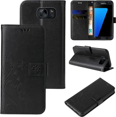 Collage of images showing a black flip phone case with floral and butterfly embossing, and a Samsung Galaxy S7 edge phone inside.
