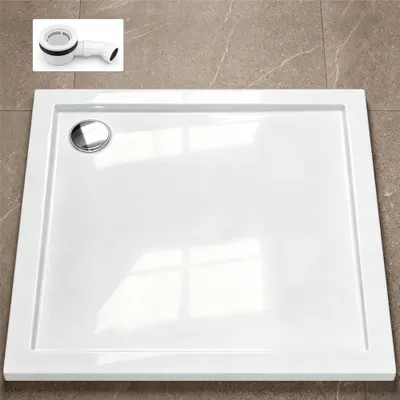Produktbild von doporro Duschtasse Duschwanne 100x100x4 flach inkl. Ablaufgarnitur AL02 aus Acryl in Weiß DIN-Anschlüsse für bodenebene Montage geeignet Faro1