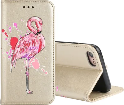 Produktbild von wortek Flip Case iPhone 8 / iPhone 7 | Textil und Kunstleder Handy-Tasche Schutzhülle Bookcase Flipcase | Wallet | Flamingo-Design | Gold
