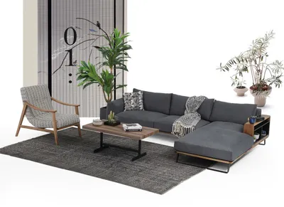 Zdjęcie produktu dla Narożnik do salonu w kształcie litery L z tkaniny szary nowoczesny design
