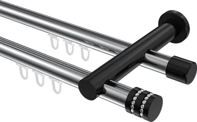 Produktbild von Interdeco Innenlaufstange / Gardinenstange mit Innenlauf Chrom / Schwarz, Typ Platon Estana (Glitzerkappe), 20 mm Ø 2-läufig, 420 cm