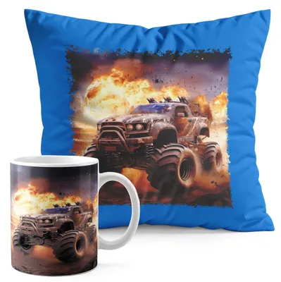 Obrázok produktu pre Sada: Hrnček + Vankúšik, Modrá Farba - Autíko Monster Truck