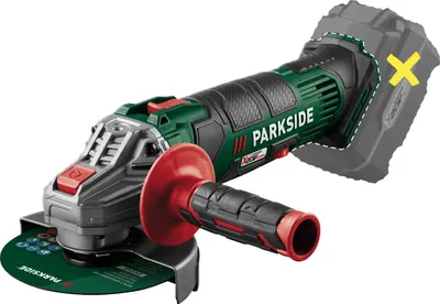 A cordless angle grinder is shown against a white background. The battery is outlined with a dashed line and marked with a yellow 'X', indicating it is not included.