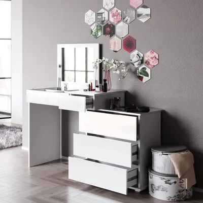 Productafbeelding van Kaptafel Lotos - Make-uptafel spiegel - Cosmetica organiseren - Fronten zonder handgrepen - 117 cm breed - Wit