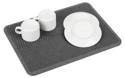 Produktbild von WENKO Abtropfmatte Mod. Damon schnelltrocknend Diatomit Küchenzubehör wasserabsorbierend mit Silikonfüßen und Schleifpapier 40x30 cm grau hygienisch