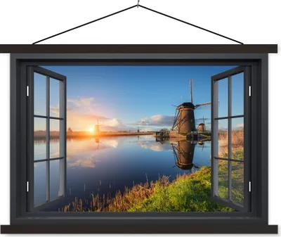 Produktbild von MuchoWow® Textilposter Aussicht - Mühle - Sonne 90x60 cm mit schwarzem Rahmen - Aufhängungssatz
