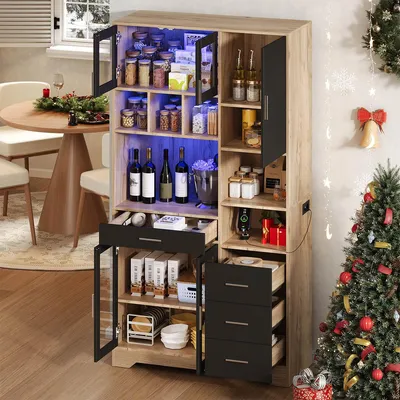 Produktbild von Vitrine mit Verstellbare Regale,LED-Leuchten und Steckdose Küchenschrank Hochschrank Aufbewahrungsschrank 185 × 100 × 40 cm