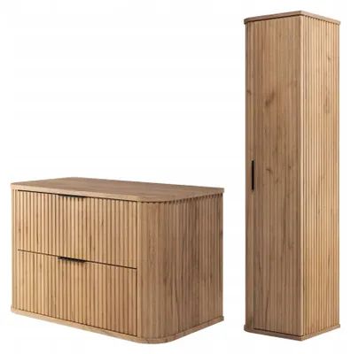 Zdjęcie produktu dla Szafka 80 Cm + Słupek 139 Cm Zestaw Łazienkowy Wiszący Dąb Fronty Mdf
