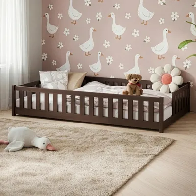 Produktbild von Kids Collective Kinderbett Bodenbett mit Rausfallschutz Lattenrost und Matratze Montessori Bett Bed Gitterbett Kinder Jugendbett Einzelbett | 140x200 cm | Zartbitterschokolade