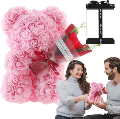 Productafbeelding van Rozen Beer - Bloemenbeer Cadeau - Romantisch Gebaar - Handgemaakt Design - 24 cm Hoog - Lichtroze