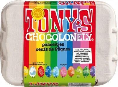 Produktbild von Tony's Chocolonely Ostereier Schokoladenmischung - Ostergeschenke für Kinder - 12 Ostereier im Eierkarton - Osterschokolade - 10 verschiedene Geschmac