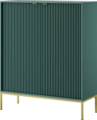 A teal cabinet with fluted doors and gold legs, presented on a white background.